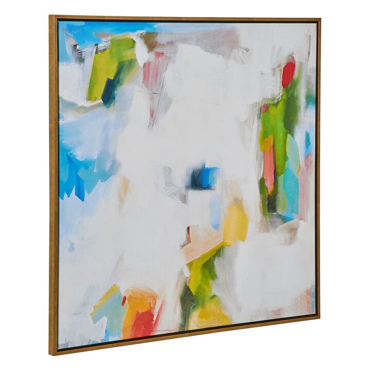 37 x 37 Handcrafted Wall Art, Isles Dream on Framed Canvas, Gold White Blue - Benzara