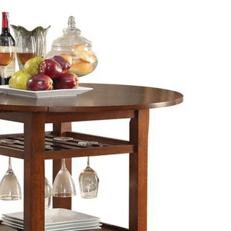 Round Top Wooden Counter Table with Stemware Rack and 2 Drop Leaves, Brown-Benzara