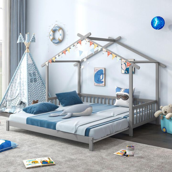 Hivvago Extendable House Bed Twin to King Daybed with Roof and Fence Rails