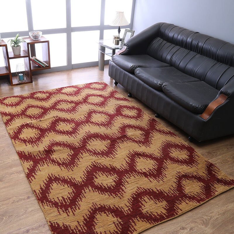HAND KNOTTED WOOL Geometric AREA RUGS  - 9'x12', Rectangle Shape, Red Gold Color, Geometric Modern, Medium Pile Handmade Area Rugs for Living Room, Bed Room (N00165)