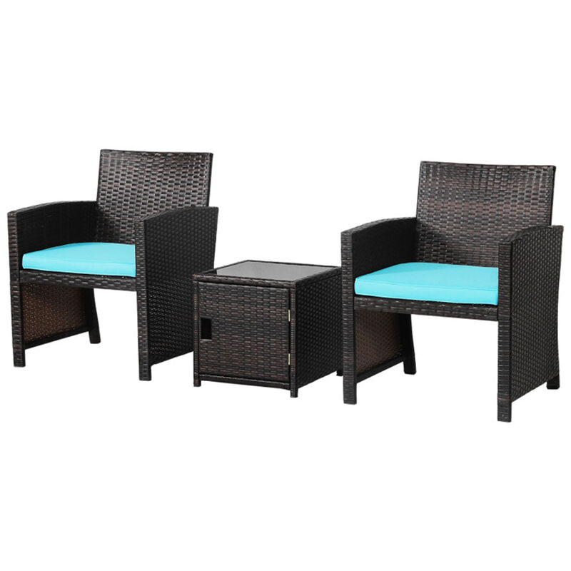 3 Pieces Patio Wicker Furniture Set with Storage Table and Protective Cover