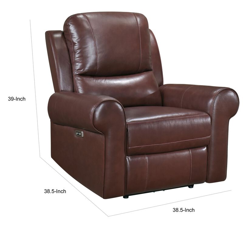 Michael 39 Inch Power Recliner Chair, USB Port, Brown Top Grain Leather - Benzara