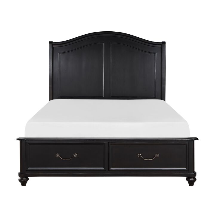 Vix Queen Size Platform Bed, Panel Arch Design, 2 Storage Drawers, Black - Benzara