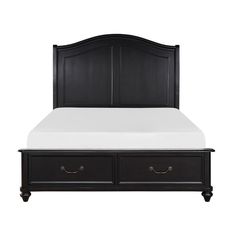 Vix Queen Size Platform Bed, Panel Arch Design, 2 Storage Drawers, Black - Benzara