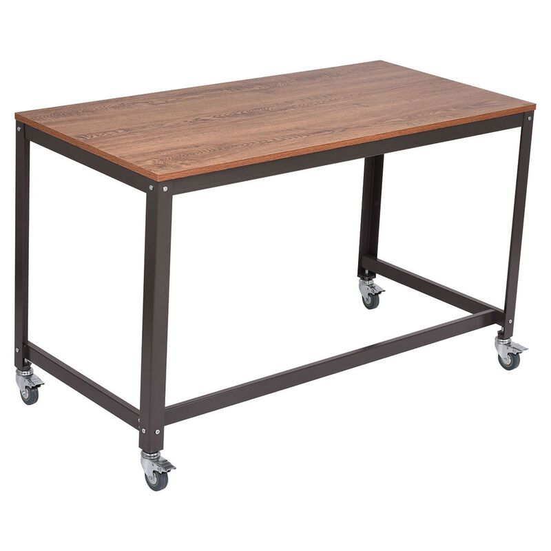Hivvago Industrial Modern Steel Frame Wood Top Computer Desk with Locking Wheels