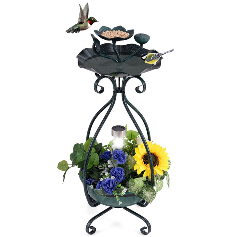 Outdoor Solar Bird Bath & Feeder with Flower Planter and LED Lights