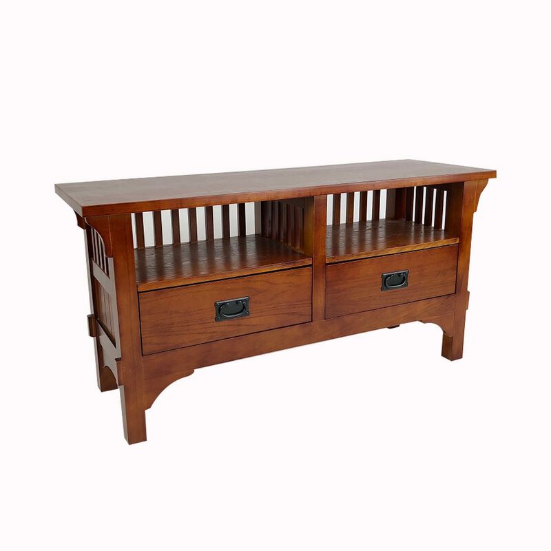 Wooden TV Stand with 2 Open Shelves and Slatted Back, Oak Brown-Benzara
