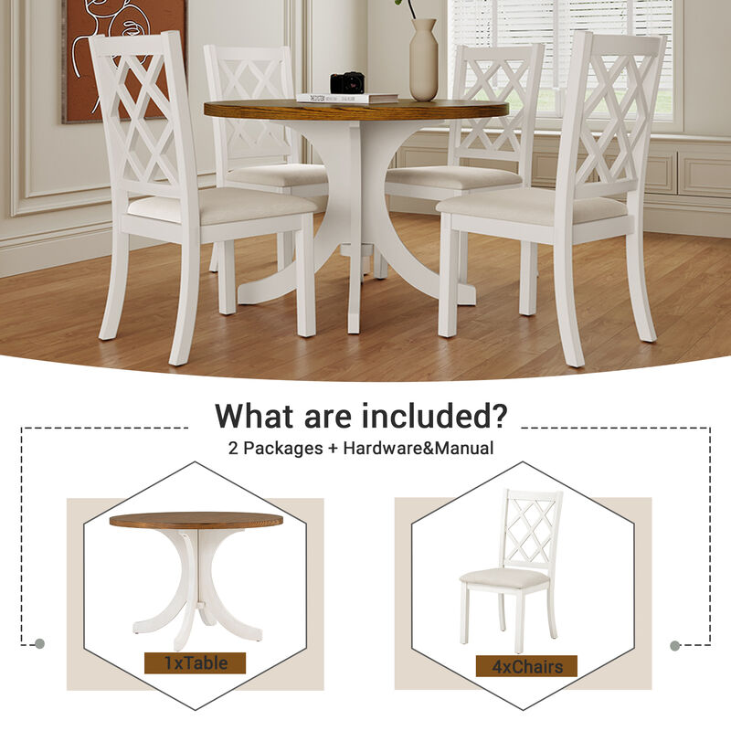 Merax Mid-Century Solid Wood 5-Piece Round Dining Table Set