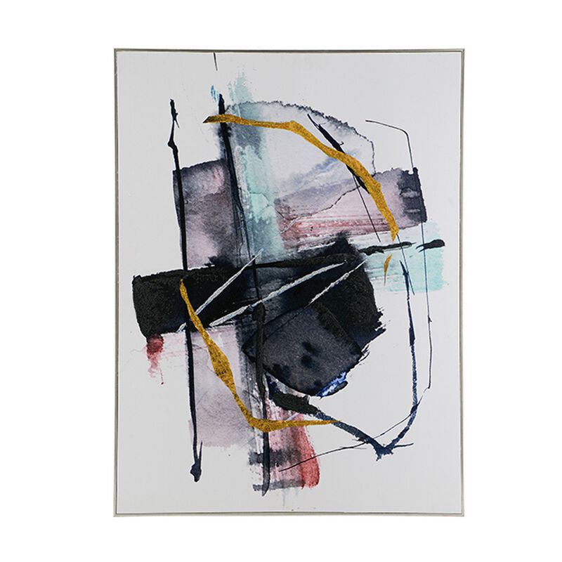 24 x 32 Abstract Wall Art Set of 2, Black and Blue Painting, Silver Wood - Benzara