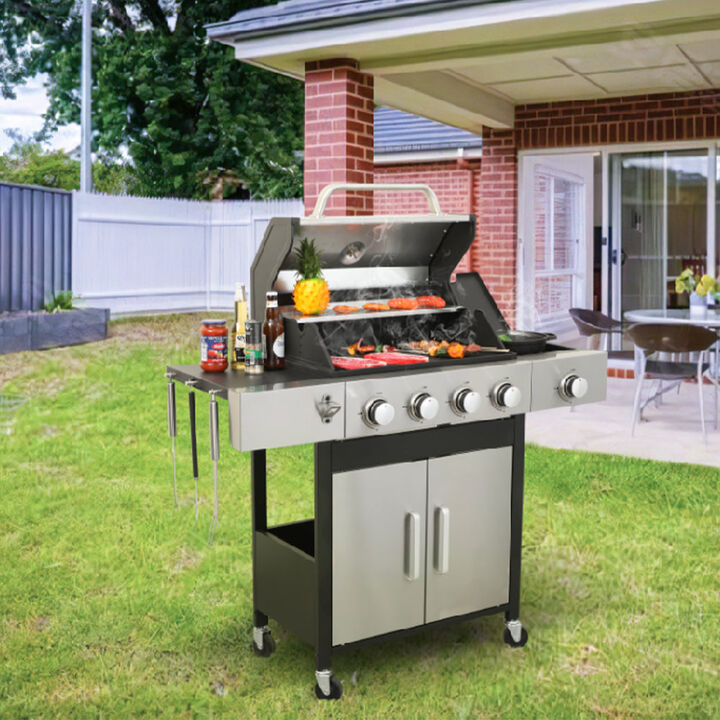 MONDAWE 4-Burner Propane Gas BBQ Grill with Side Burner, 46790BTU Output With Enameled Cast Iron Cooking Grids For Outdoor Barbecue, Stainless Steel