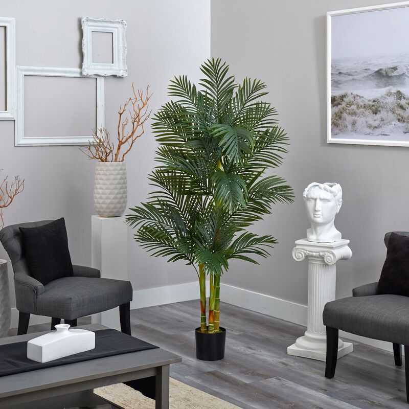 Hivvago 6 Feet Triple Stalk Golden Cane Artificial Palm Tree