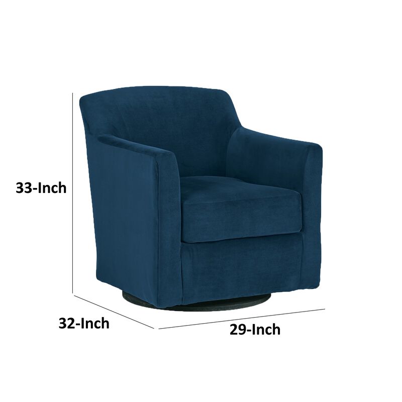 Leena Swivel Accent Chair, Blue Velvet, Shelter Style Arms, Black Wood - Benzara