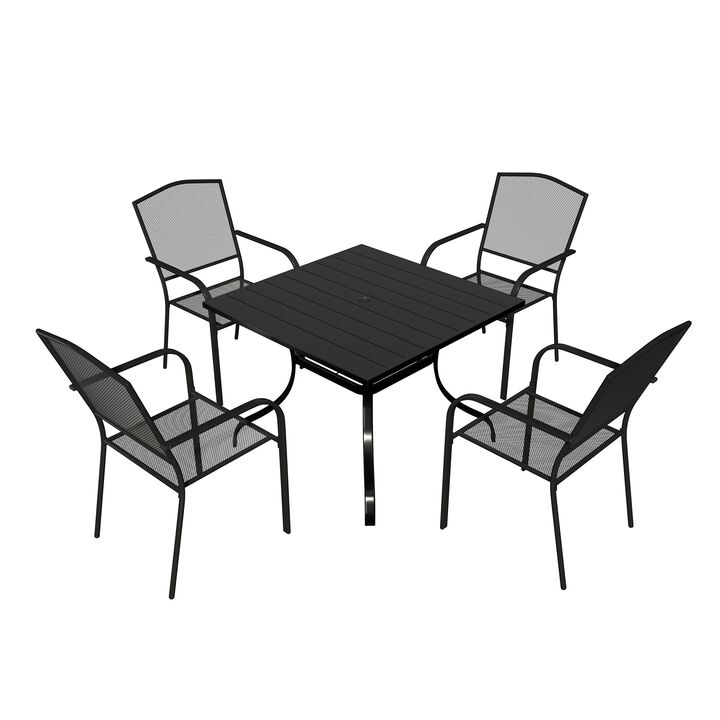 MONDAWE 5-Piece Sqare Steel Table And Steel Mesh Dining Chair Set With 4 Pcs Steel Mesh Dining Chairs, Black
