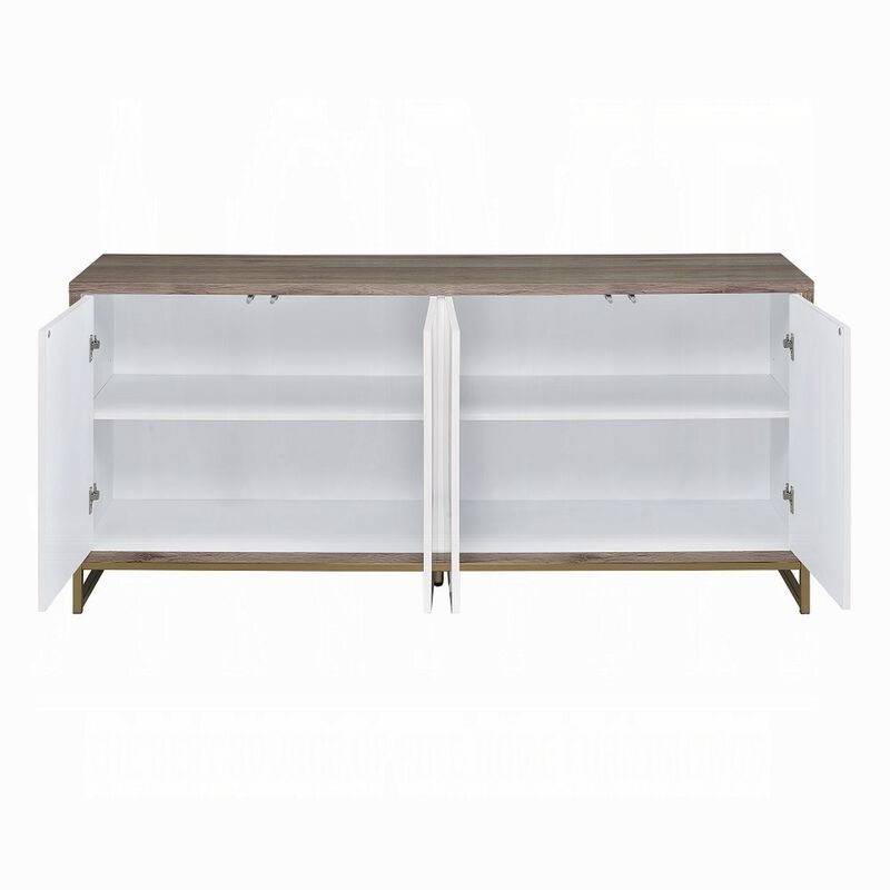 Avia Sideboard Console Cabinet, White Marble Look 4 Door Brown 65 Inch - Benzara