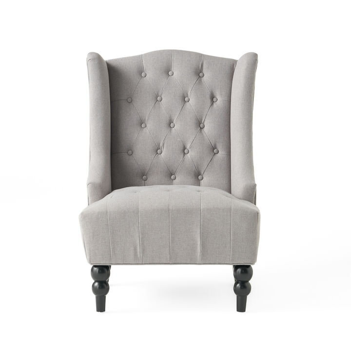 Todd Accent Chair, Silver Gray Button Tufted Linen, Classic Wingback Design - Benzara