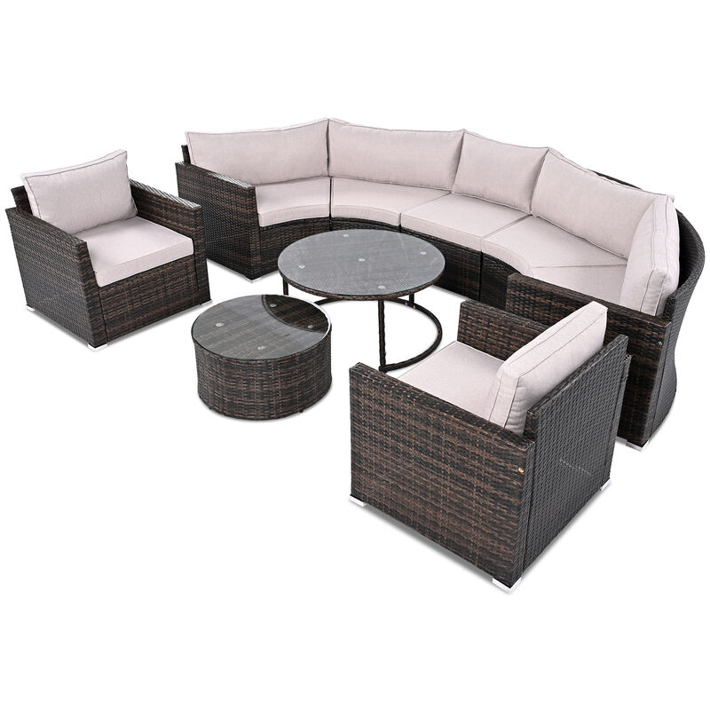 Whisen Modern Style Outdoor Half-moon Patio Sofa Set, 9-Pieces Round Sofa Set - Beige