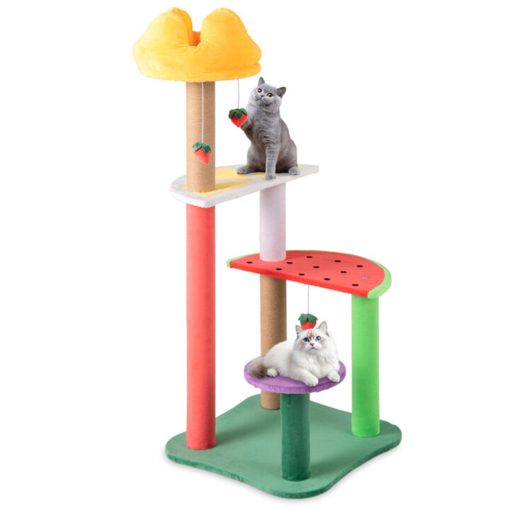 Multi-Level Cat Tree with Plush Padded Top Perch and Fruit-Shaped Platforms