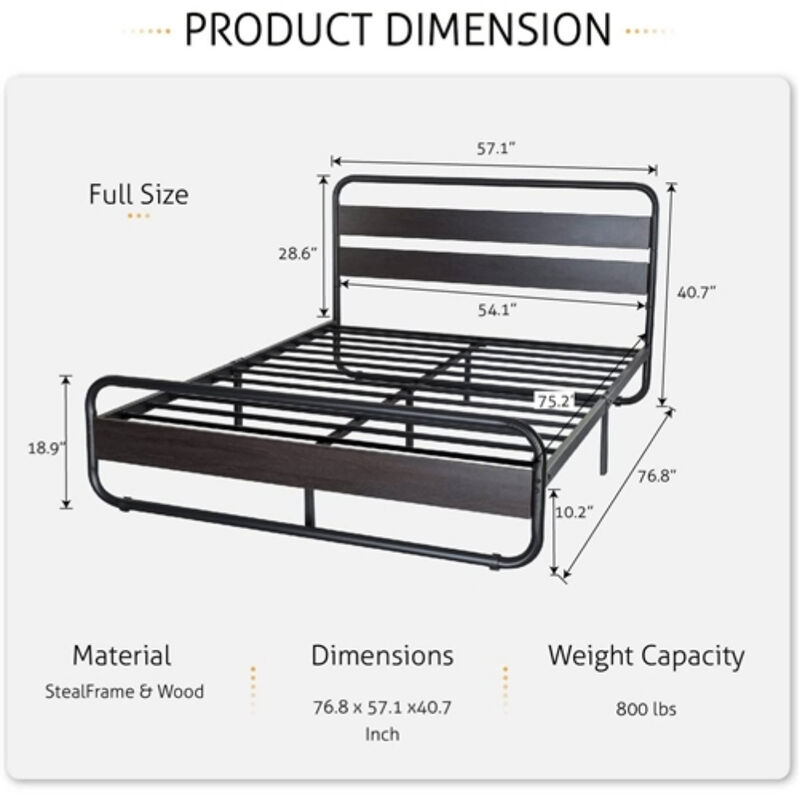 Heavy Duty Industrial Modern Metal Wood Platform Bed Frame with Headboard