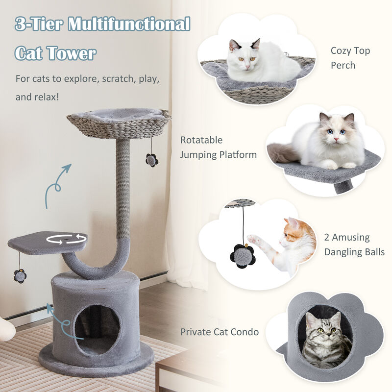 42" Tall Cat Tower with Curved Metal Supporting Frame for Large & Small Cats-Grey