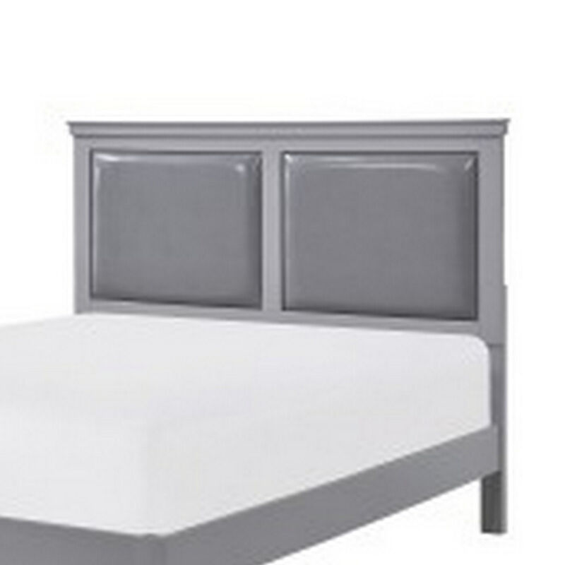 Brite Queen Size Bed, Gray Faux Leather Upholstered Headboard, Low Profile - Benzara