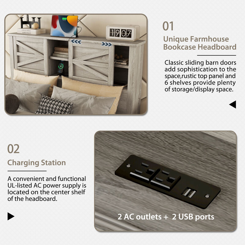 Merax Farmhouse Platform Bed with Charging Station