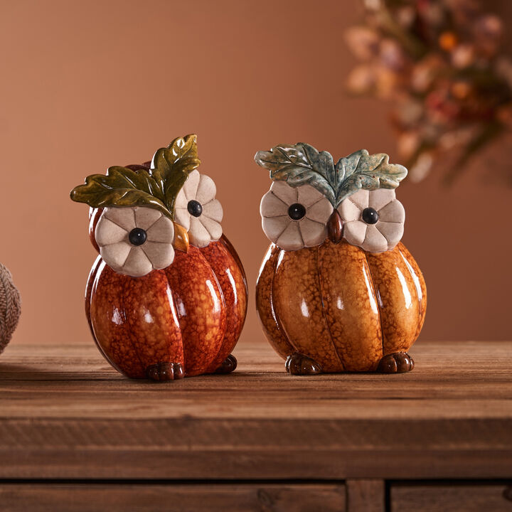 Pumpkin Owl Decorative Fall Figurine for Halloween or Autumn Decor (Set of 2)