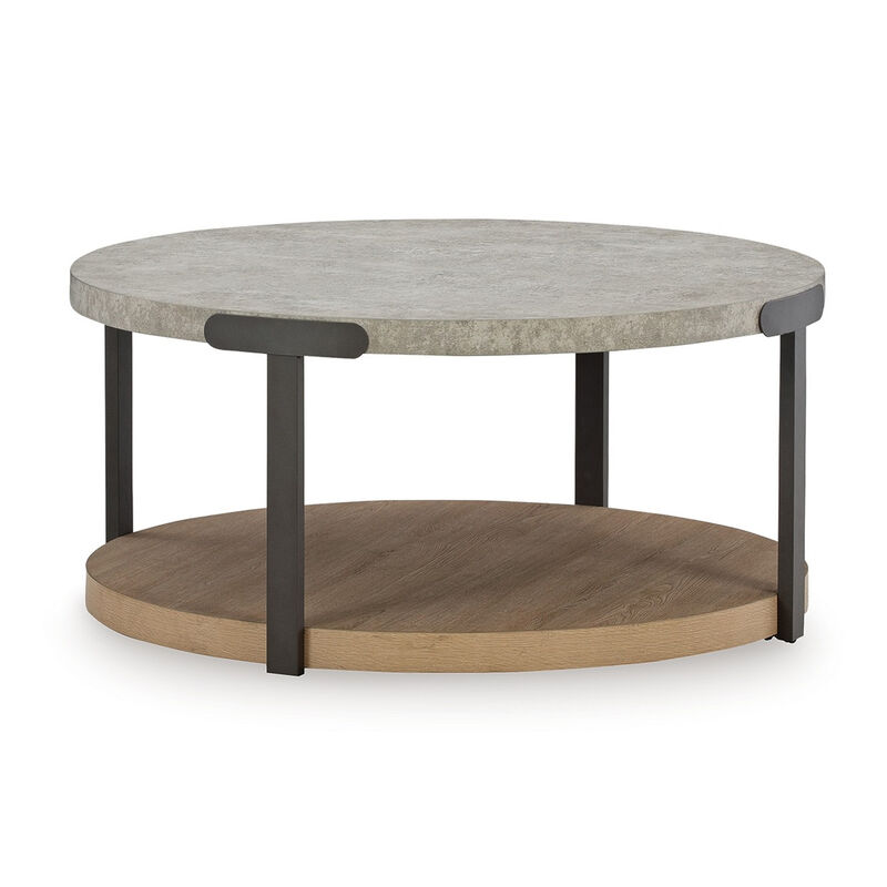 Hein 3pc Coffee n End Table Set, Gray Round Top w Shelf and Wheels - Benzara