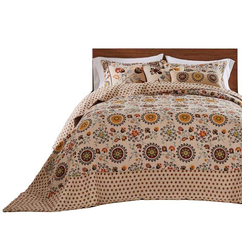 Dorra 3pc Queen Bedspread Set, 2 Shams, Floral Crest, Beige Yellow Cotton