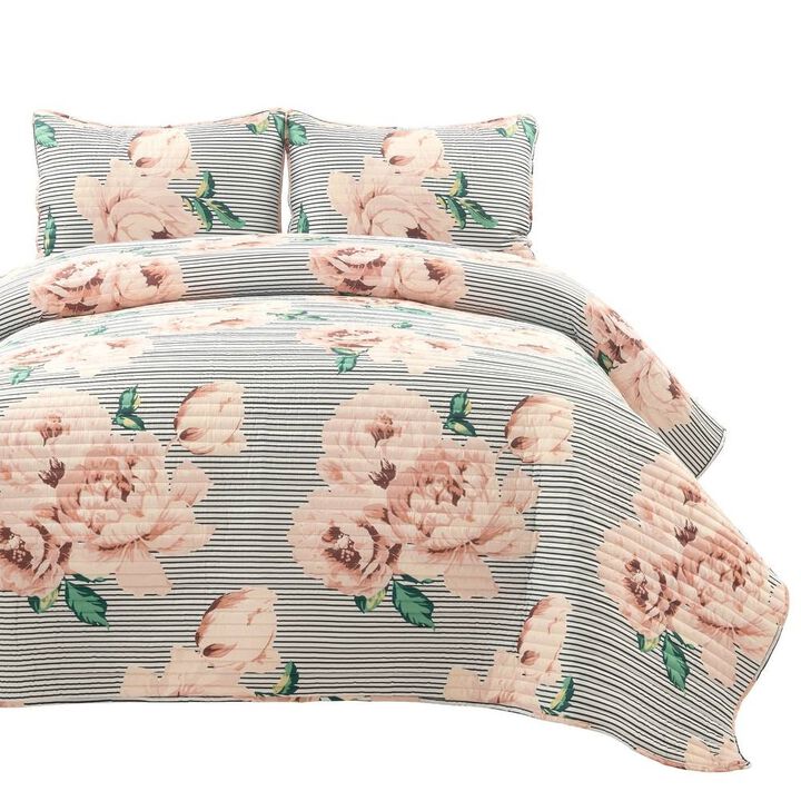 Hivvago King Size Polyester Black White Striped Rose Floral 3 Piece Quilt Set