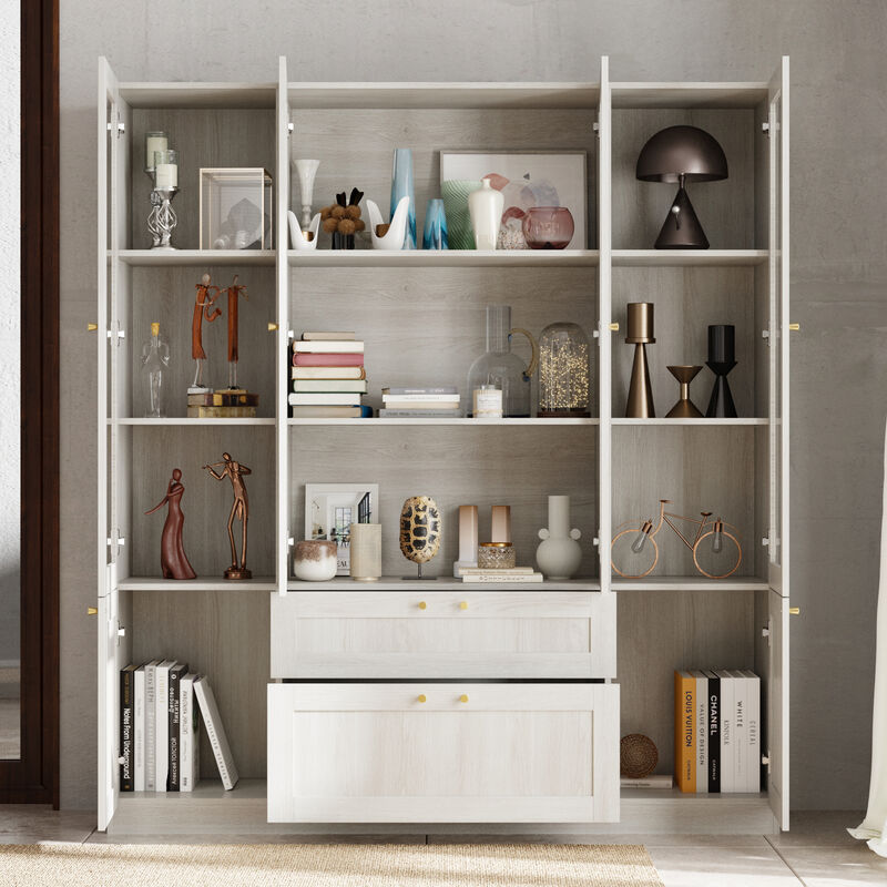 FUFU&GAGA Modern Wood Grain Bookcase with Adjustable Shelves and Lockable Drawers (63" W x 70.9" H x 15.7" D), Elegant Glass Doors and Wood Grain