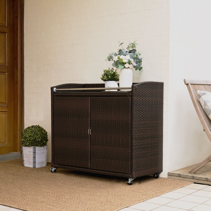 Teamson Home - PE Rattan Bar Serving Cart Cabinet with Safe Locking Caster Wheels, Brown