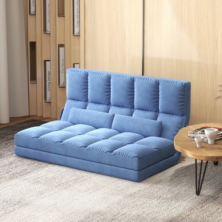 Blue Lazy Sofa: Adjustable, Convertible to Bed, 2 Pillows