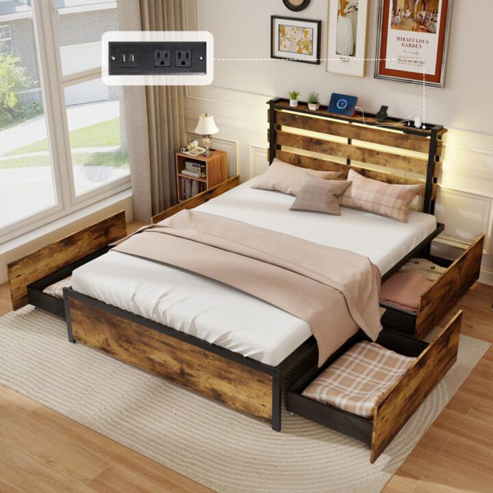 Hivvago Bed Frame with Drawers LED Lights and USB Ports