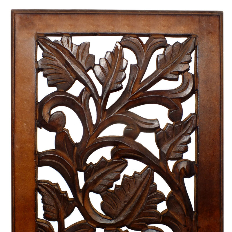 Mango Wood Wall Panel Hand Crafted with Leaves and Scroll Work Motif, Brown-Benzara