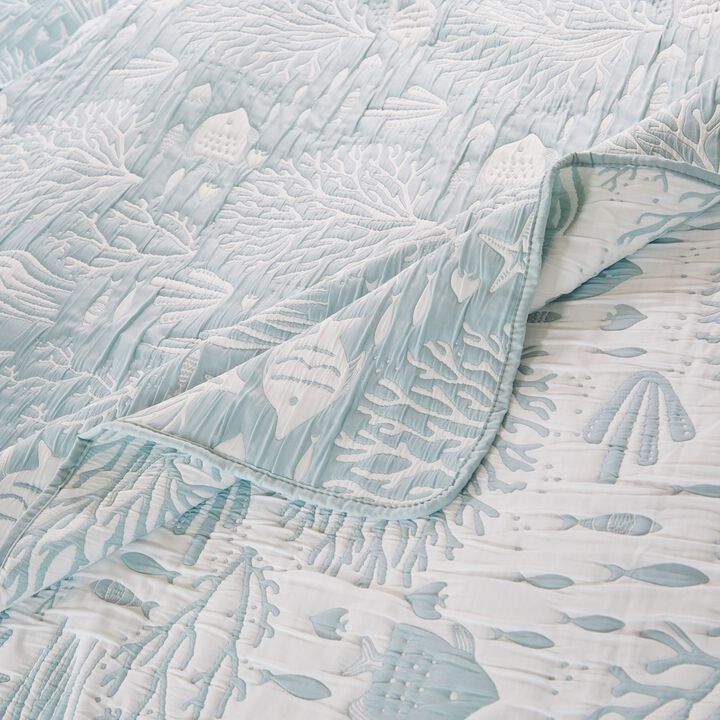Amy 3pc Full Queen Coverlet Pillow Sham Set, Coastal Design Seafoam Blue