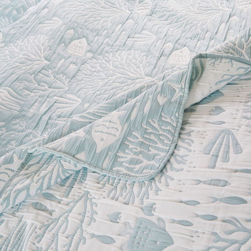 Amy 3pc Full Queen Coverlet Pillow Sham Set, Coastal Design Seafoam Blue