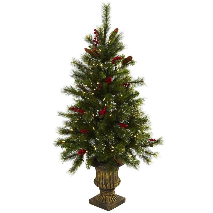 Nearly Natural 4-ft Christmas Tree w/Urn, Berries, Pine Cones, 100 LED Lights & 208 Tips
