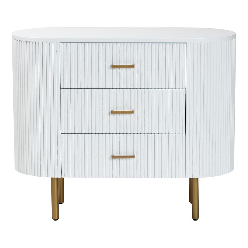 bali & pari Beyla Mid Century White Fluted Wood and Gold Metal 3 Drawer Dresser