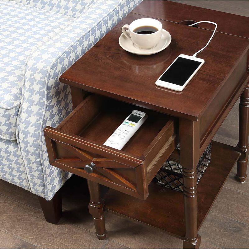 Convenience Concepts Country Oxford 1 Drawer End Table with Charging Station and Shelf, Espresso