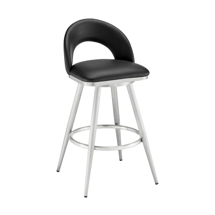 Visy 30 Inch Swivel Barstool Chair, Round Open Back, Black Faux Leather - Benzara