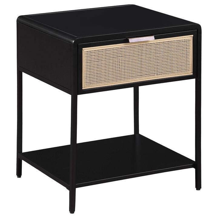 Lanie Bedside Table with Drawer and Open Shelf, PE Cane, Black Metal - Benzara