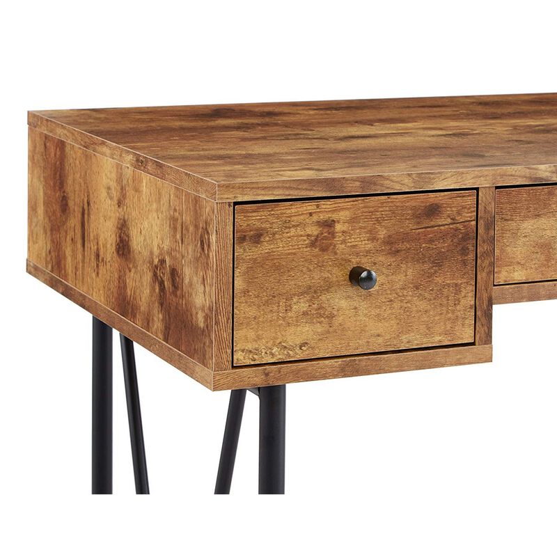 48 Inch Chic Wood Writing Desk 3 Drawer, Rustic, Metal Base, Antique Brown-Benzara