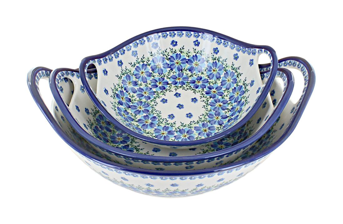 Blue Rose Polish Pottery Sweet Annie Serving Bowl Set with Handles