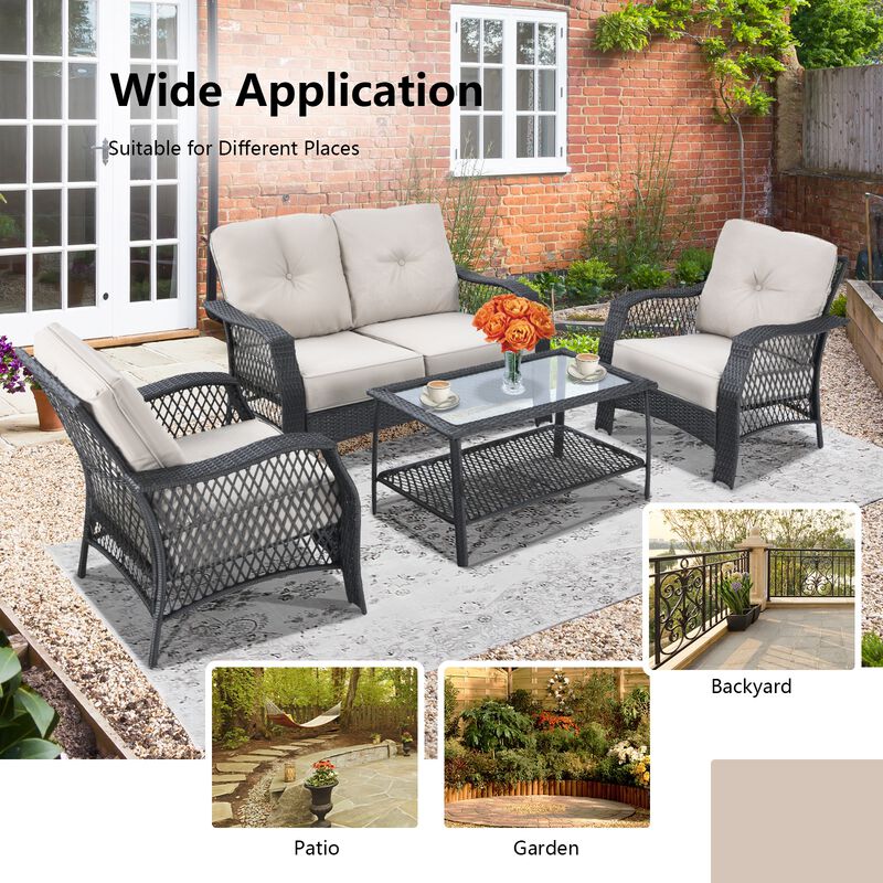 4 Pieces Patio Wicker Furniture Conversation Sets with Coffee Table and Cushions