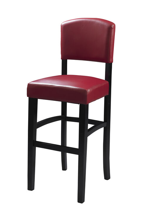 Wooden Counter Stool with Leatherette Seat and Backrest, Black and Red - Benzara