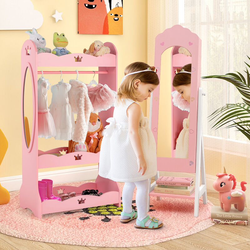 2 Pieces Kids Vanity Set and Jewelry Armoire Cabinet with Full-length Mirror