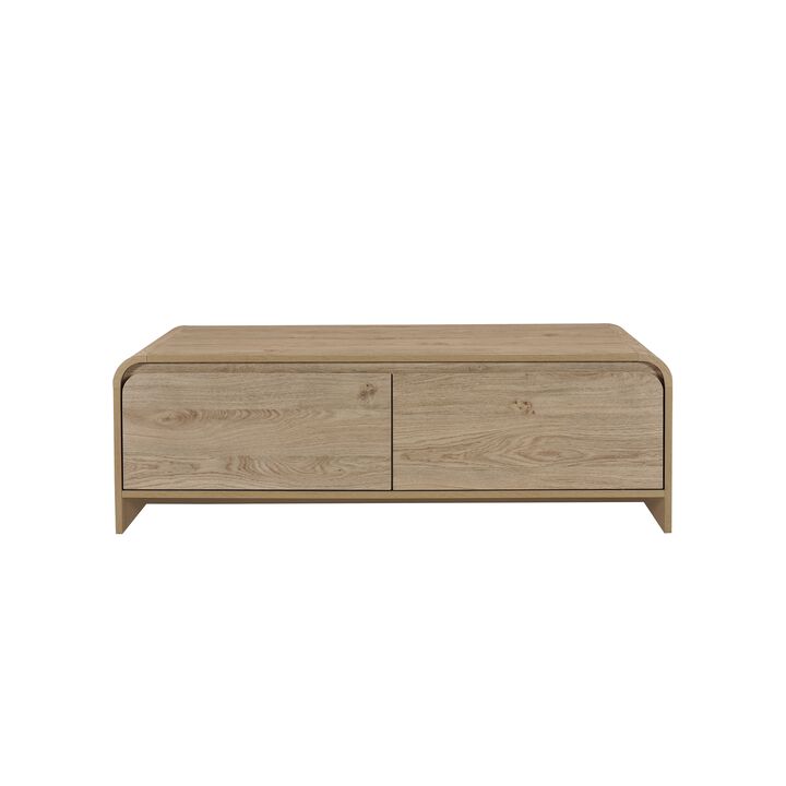Maria Coffee Table, 2 Drawer and Waterfall Style, Beige Wood 47 Inch - Benzara
