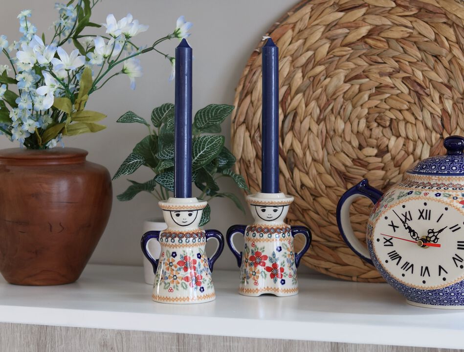 Blue Rose Polish Pottery Sunflower Lady & Man Candlestick Holders