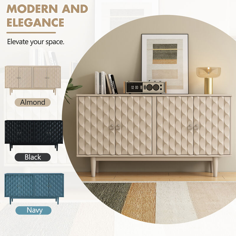 Clihome Modern 4-door Sideboard with Convex Pattern Doors and 2 Silver Handle for Living Room, Dining Room, Kitchen (Almond)