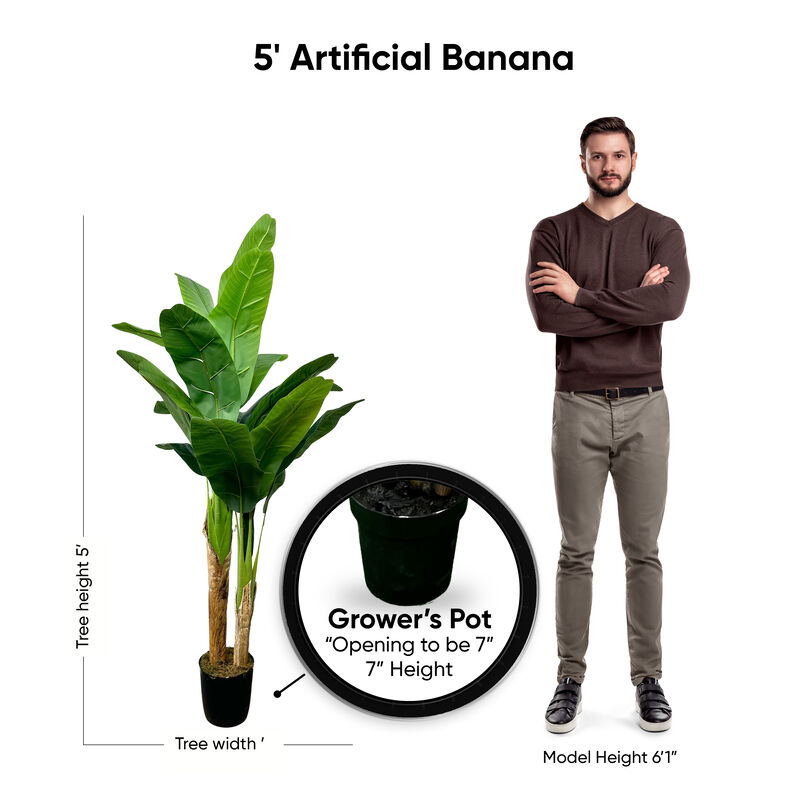 5' Realistic Artificial Banana Plant Deluxe In Home Basics Starter Pot, Home Décor, Office